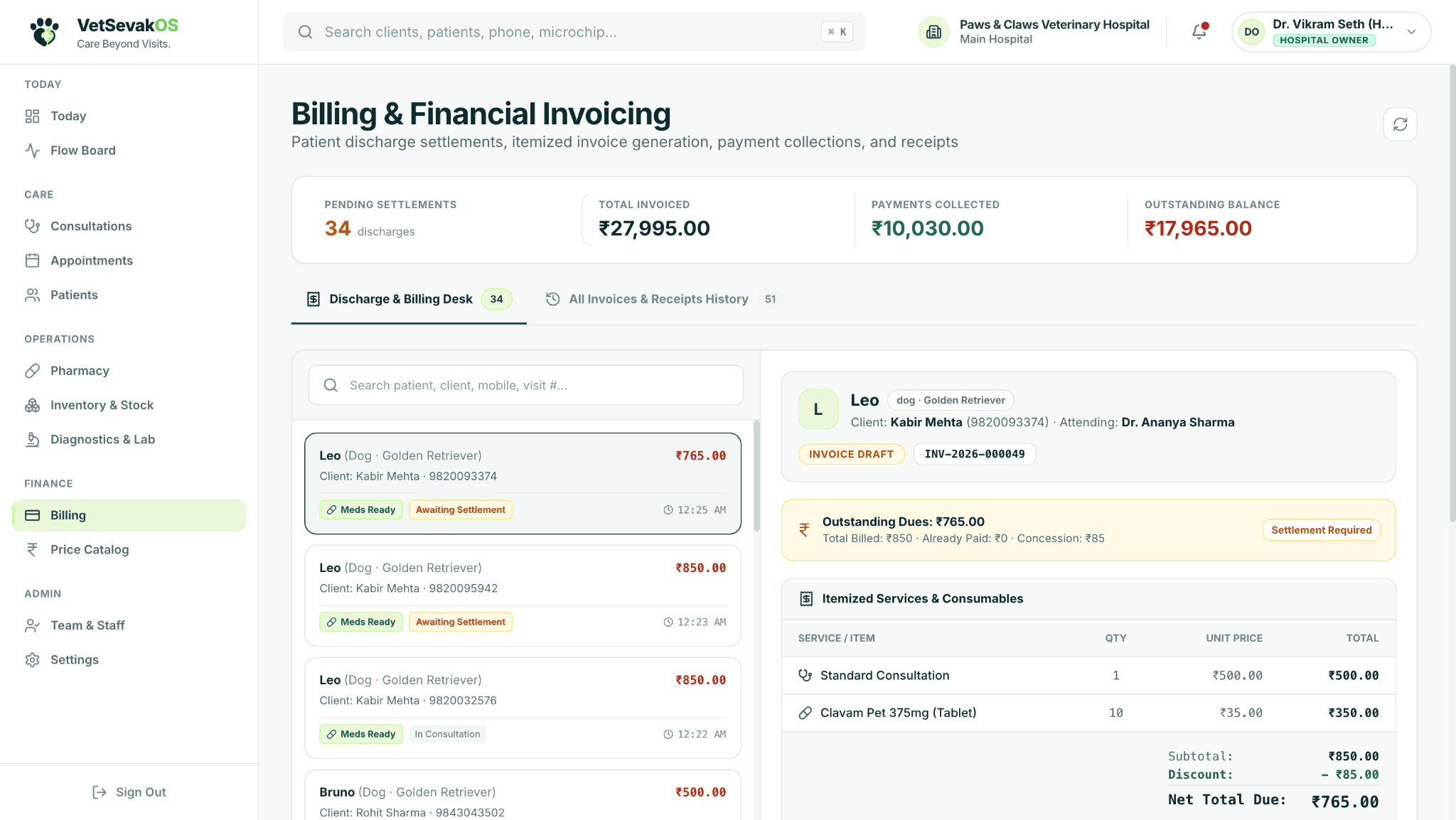 VetSevak OS Invoicing and Billing Screen