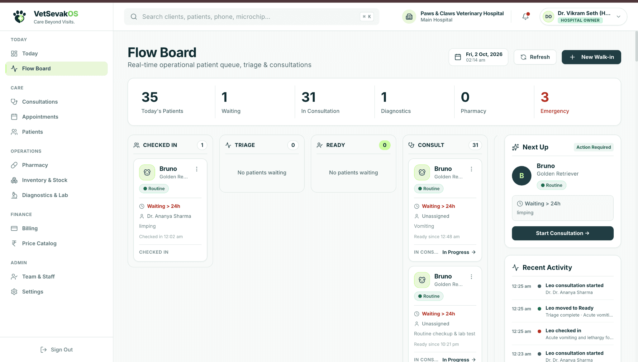 VetSevak OS Live Flow Board Interface
