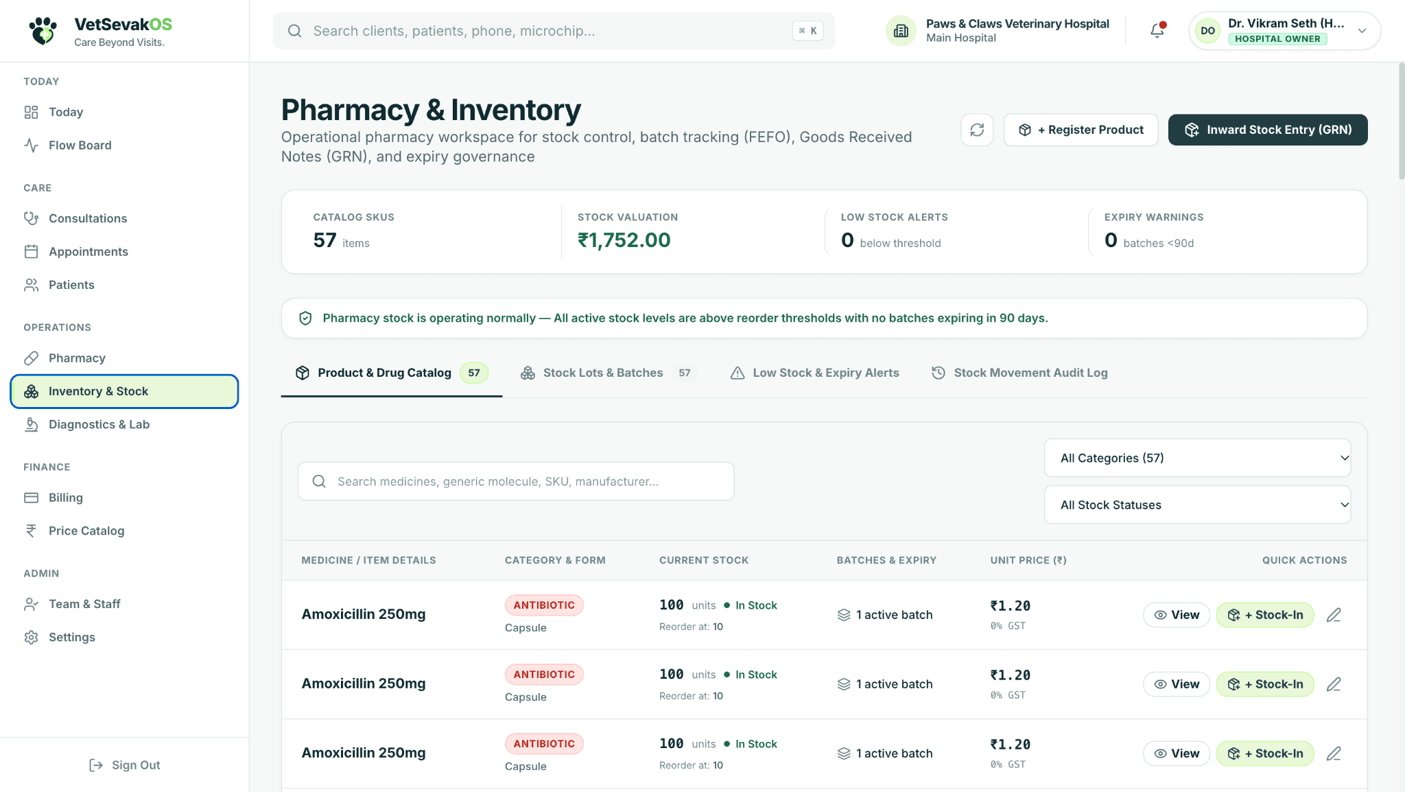 VetSevak OS Pharmacy and Inventory Interface